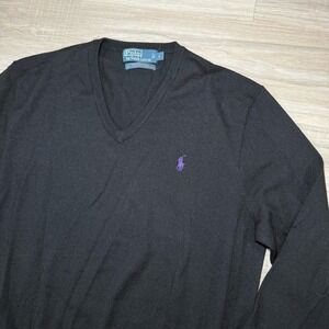 Vintage Polo Ralph Lauren Sweater Black Size L 100% Merino Wool‎ PurplePony Logo